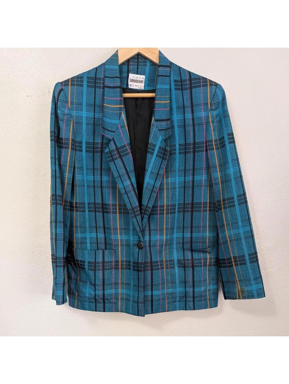 1970s/80s Country Suburbans Teal Multicolor Plaid Single Button Blazer Size 10